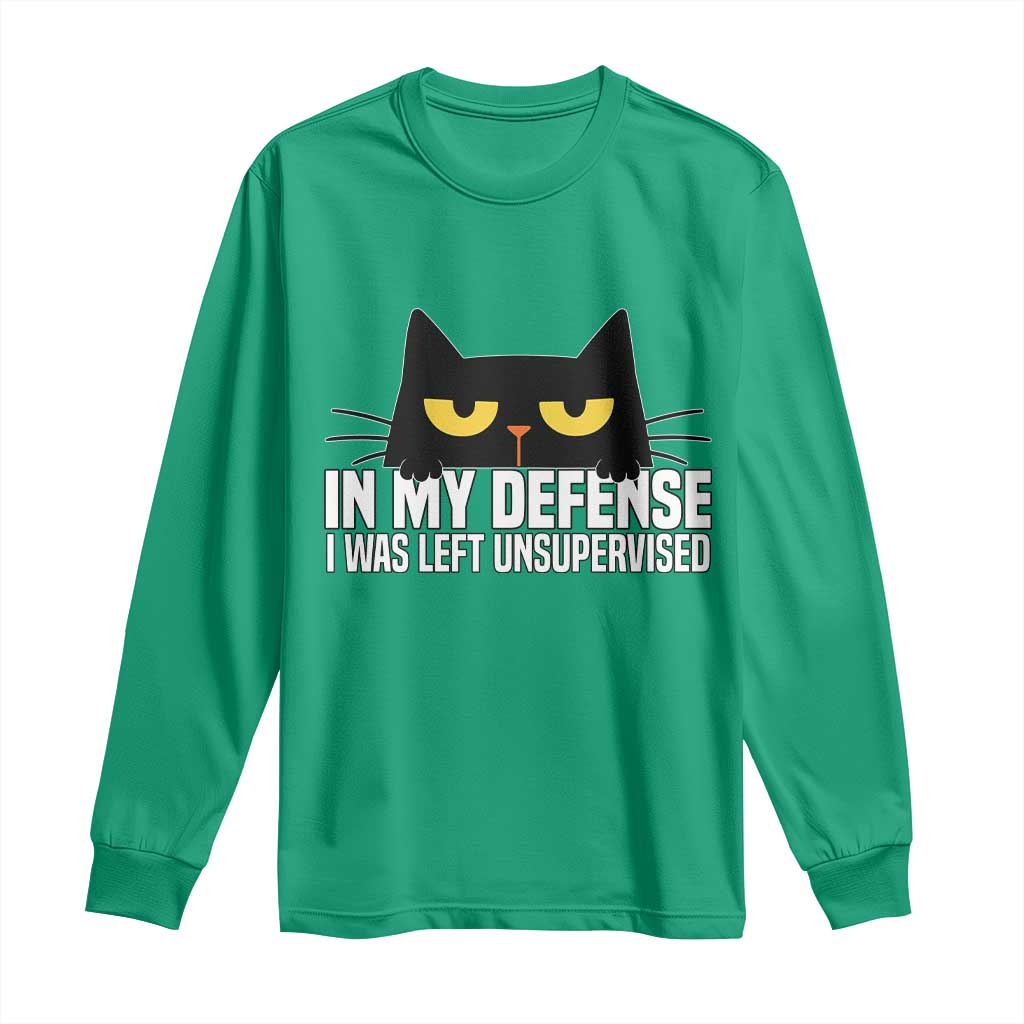 Sarcastic Black Cat Long Sleeve Shirt In My Defense I Was Left Unsupervised - Wonder Print Shop