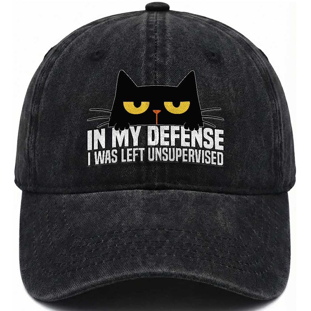 Sarcastic Black Cat Washed Cotton Baseball Cap In My Defense I Was Left Unsupervised
