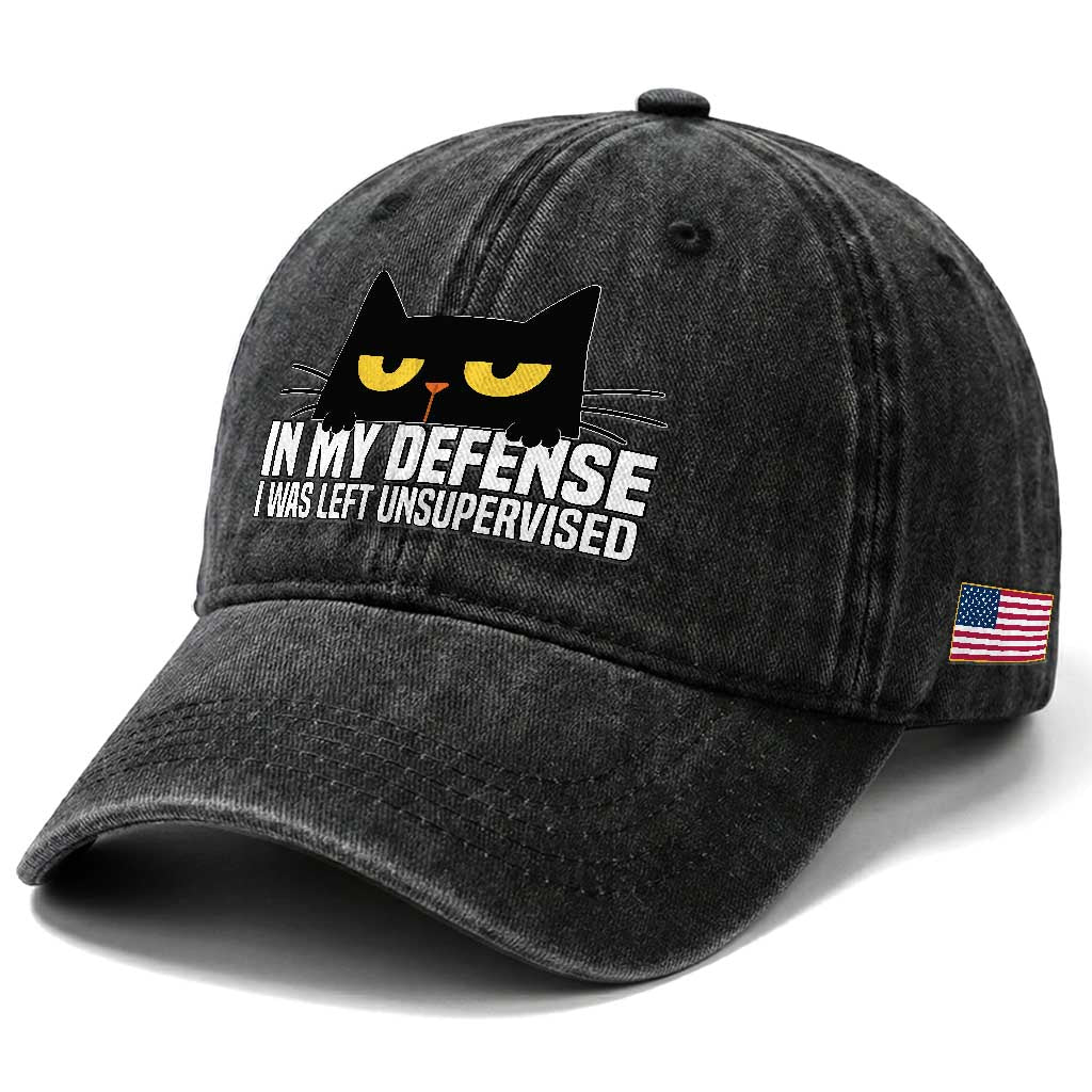 Sarcastic Black Cat Washed Cotton Baseball Cap In My Defense I Was Left Unsupervised