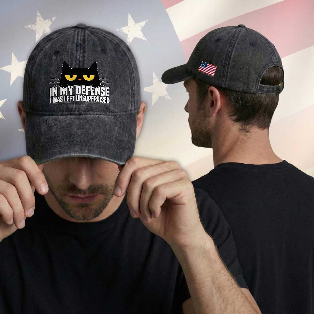 Sarcastic Black Cat Washed Cotton Baseball Cap In My Defense I Was Left Unsupervised