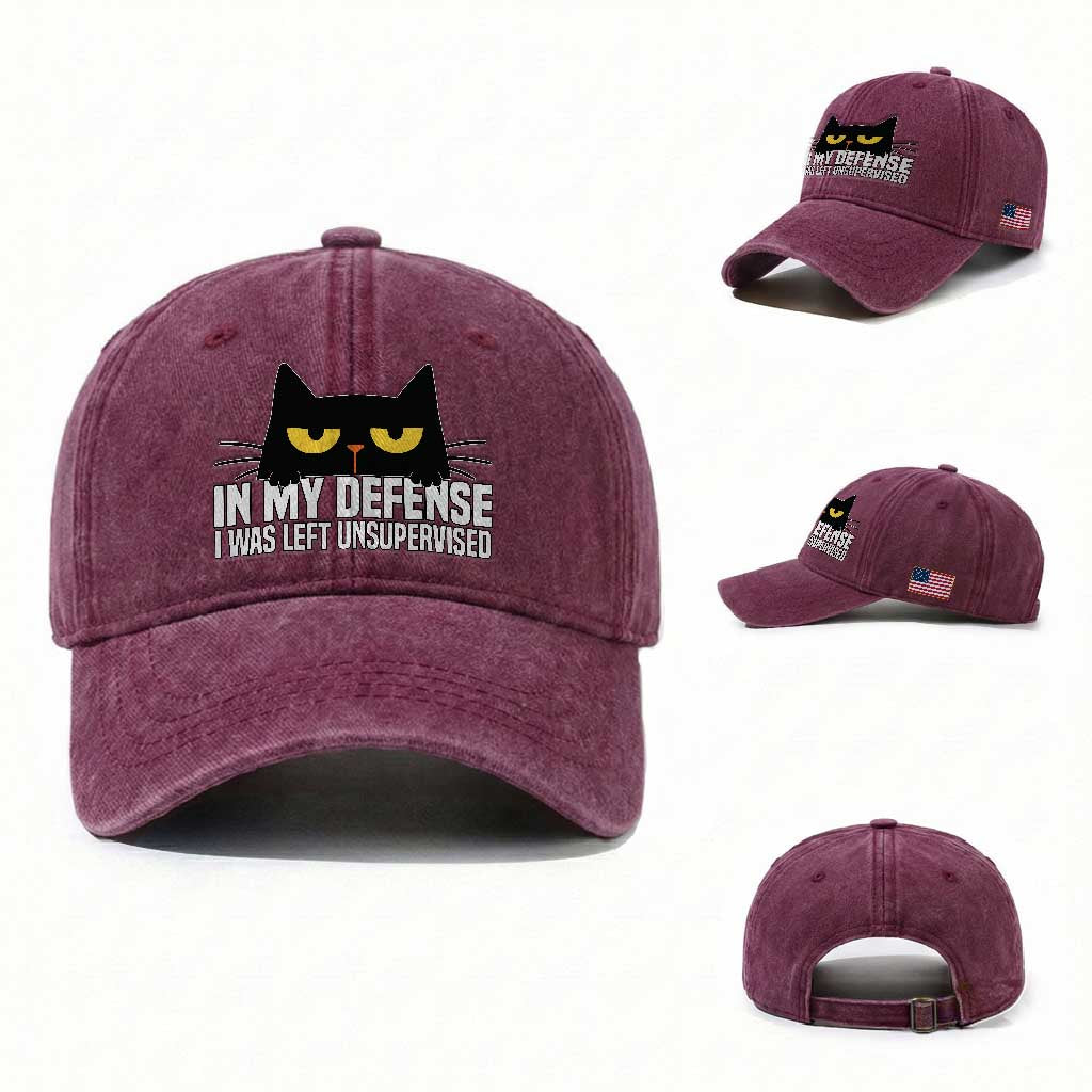 Sarcastic Black Cat Washed Cotton Baseball Cap In My Defense I Was Left Unsupervised