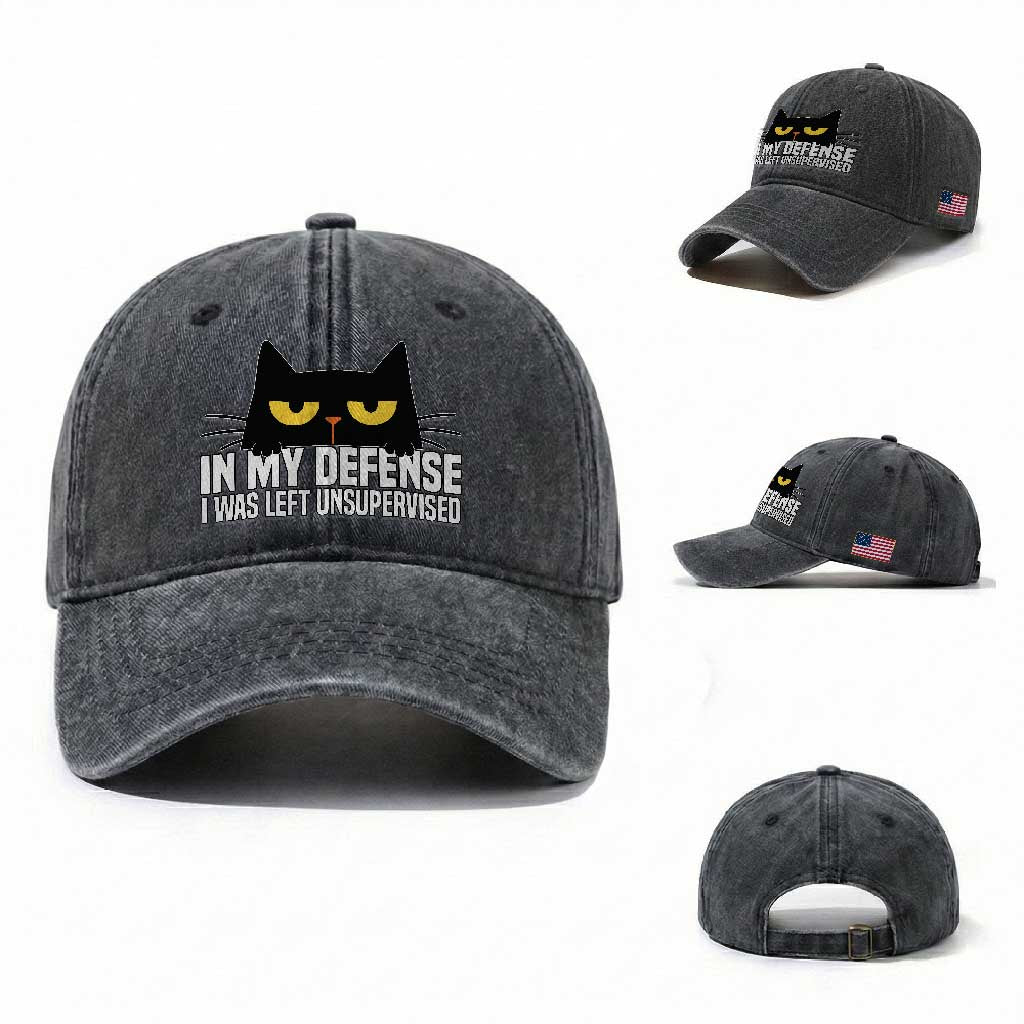 Sarcastic Black Cat Washed Cotton Baseball Cap In My Defense I Was Left Unsupervised