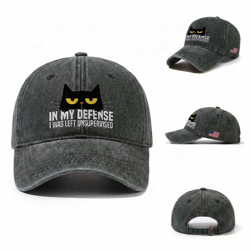 Sarcastic Black Cat Washed Cotton Baseball Cap In My Defense I Was Left Unsupervised