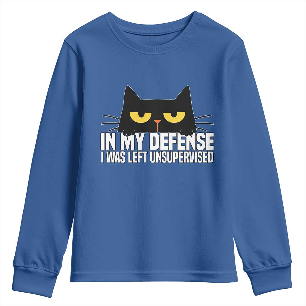 Sarcastic Black Cat Youth Sweatshirt In My Defense I Was Left Unsupervised - Wonder Print Shop