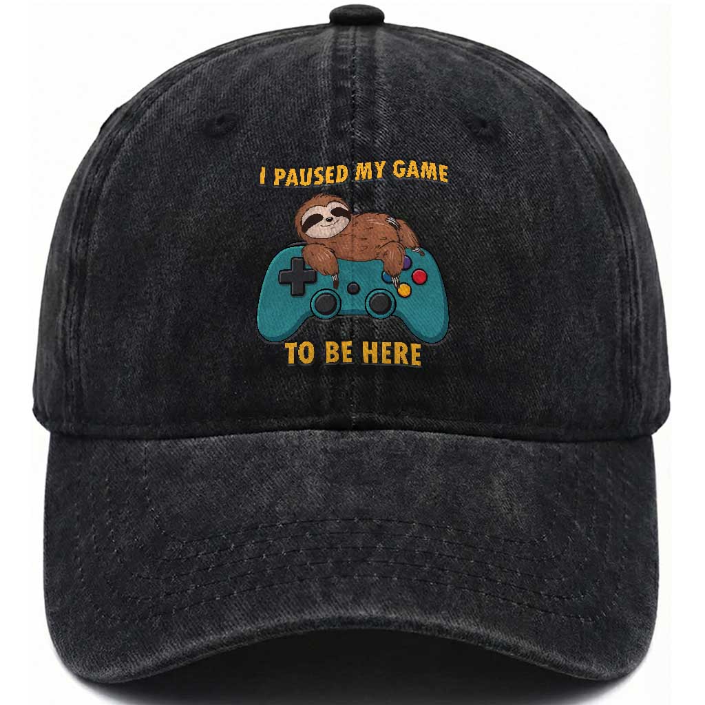 I Paused My Game To Be Here Washed Cotton Baseball Cap Funny Sloth Gamer Video Games