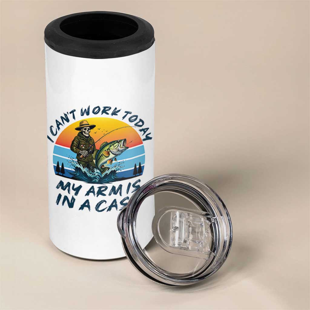 Funny Skeleton Camo Fishing 4 in 1 Can Cooler Tumbler I Can Not Work Today My Arm Is In A Cast - Wonder Print Shop