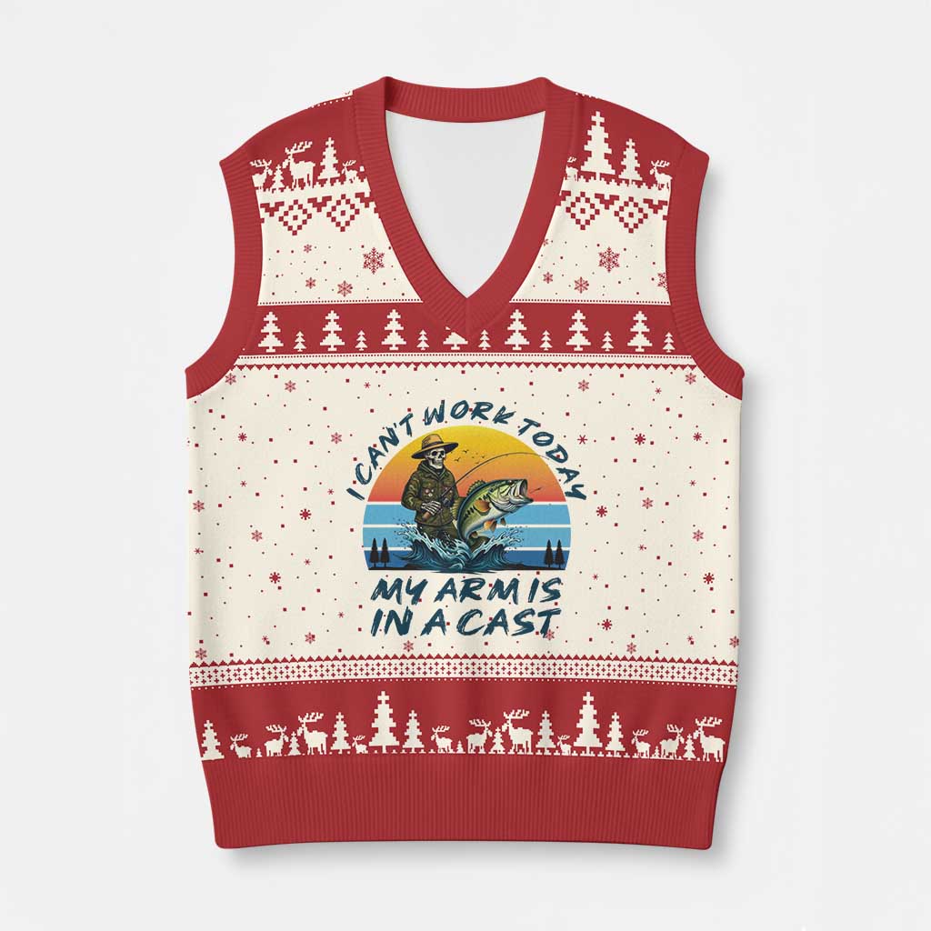 Funny Skeleton Camo Fishing V-Neck Knit Sweater Vest I Can Not Work Today My Arm Is In A Cast - Wonder Print Shop