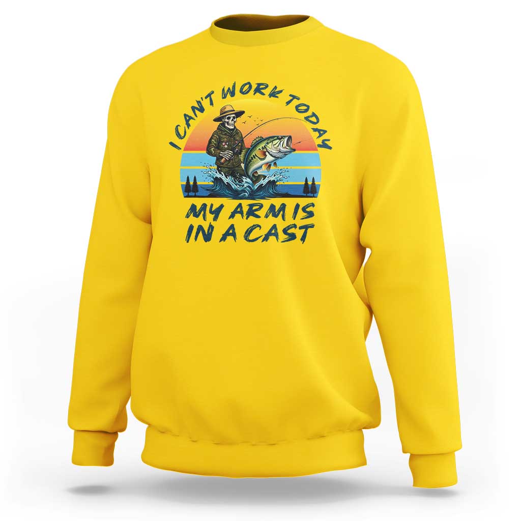 Funny Skeleton Camo Fishing Sweatshirt I Can Not Work Today My Arm Is In A Cast - Wonder Print Shop
