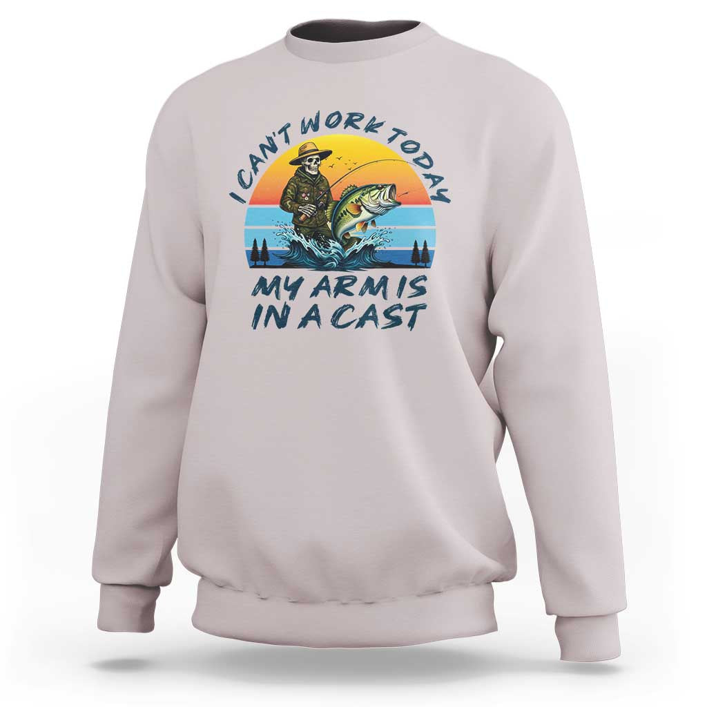 Funny Skeleton Camo Fishing Sweatshirt I Can Not Work Today My Arm Is In A Cast - Wonder Print Shop