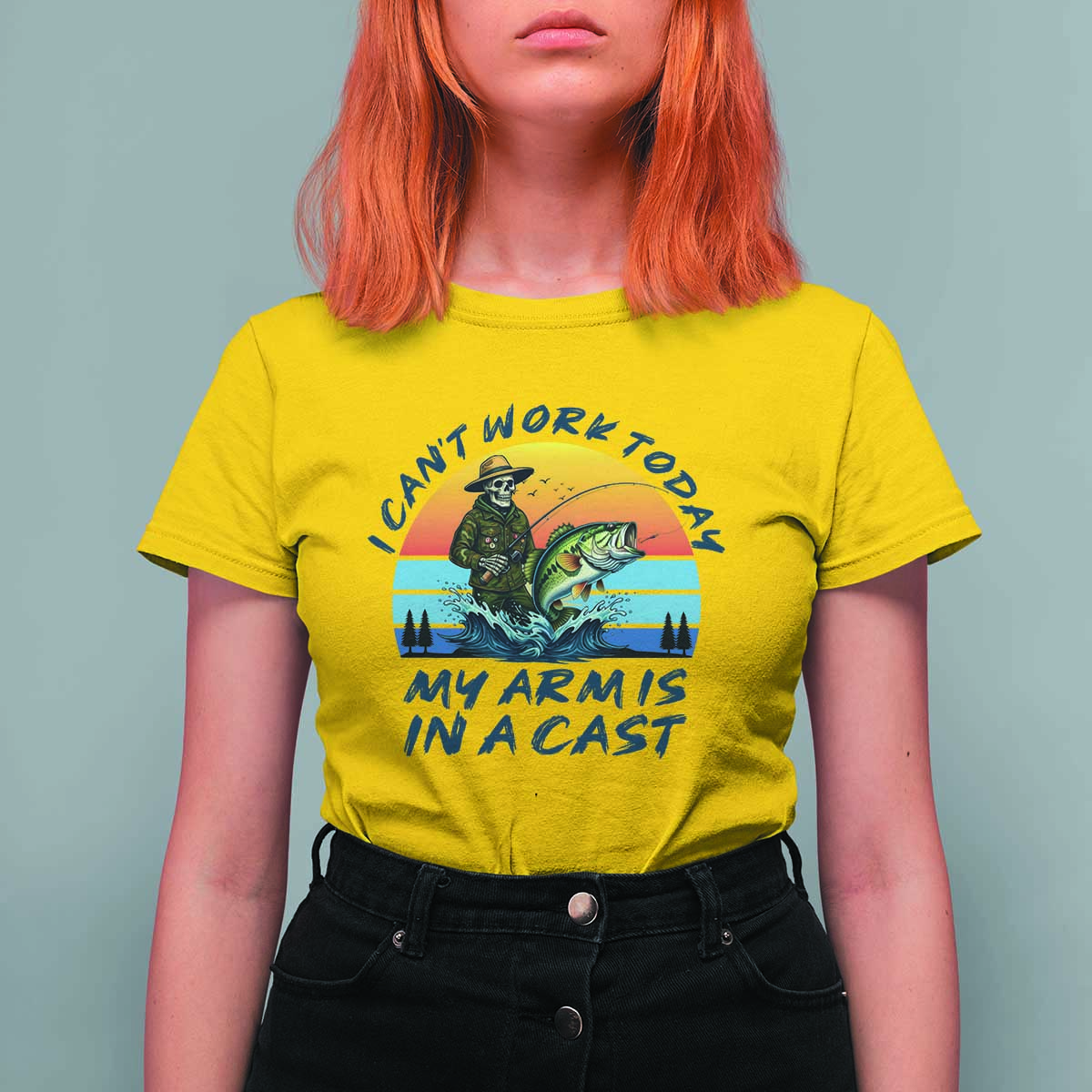 Funny Skeleton Camo Fishing T Shirt For Women I Can Not Work Today My Arm Is In A Cast - Wonder Print Shop