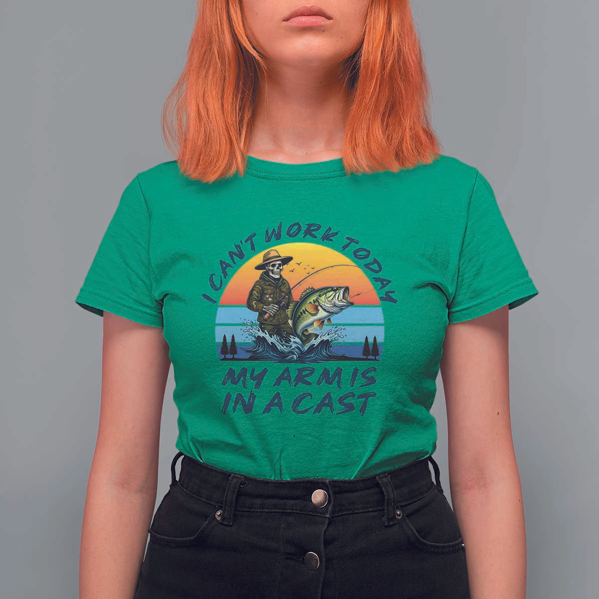Funny Skeleton Camo Fishing T Shirt For Women I Can Not Work Today My Arm Is In A Cast - Wonder Print Shop