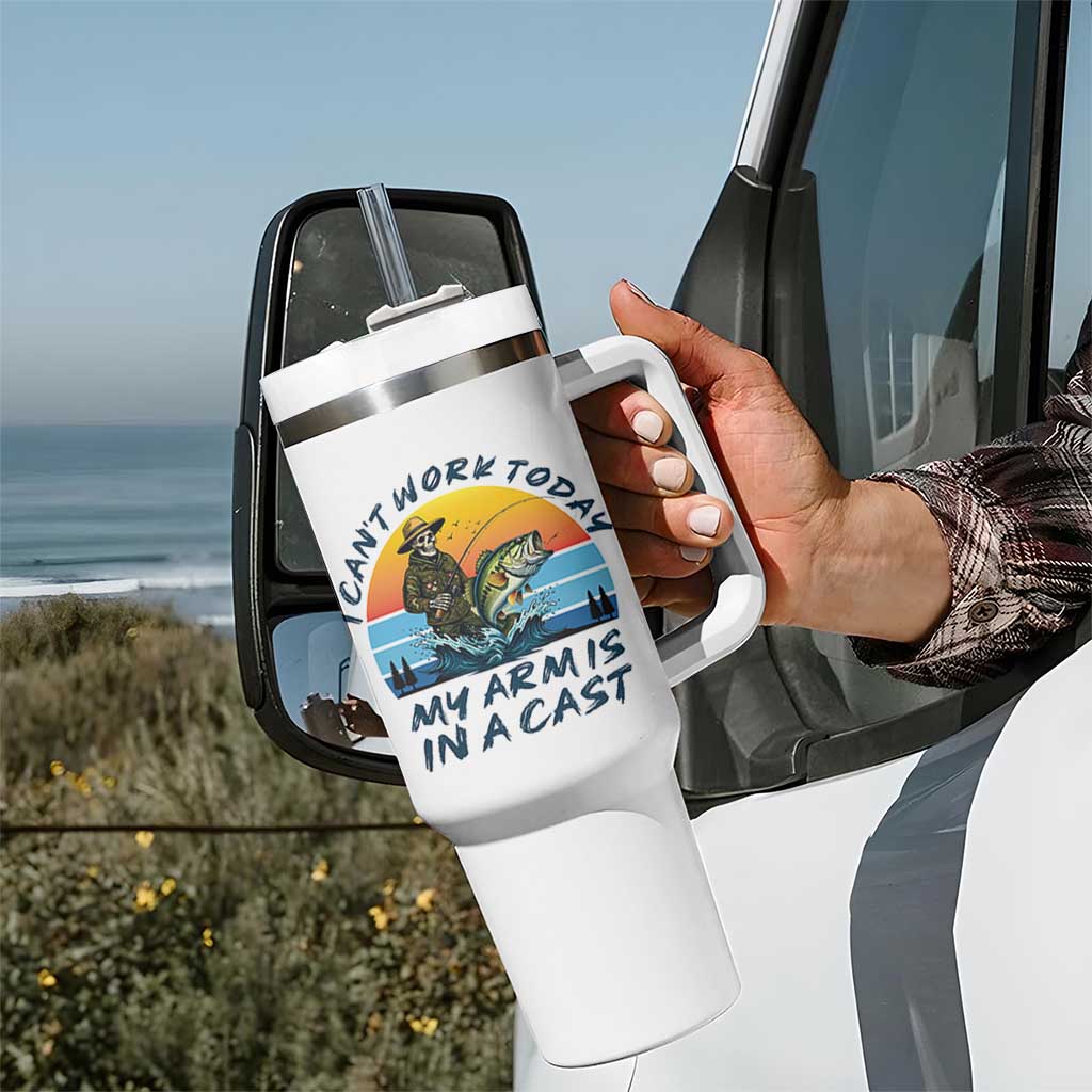 Funny Skeleton Camo Fishing Tumbler With Handle I Can Not Work Today My Arm Is In A Cast - Wonder Print Shop