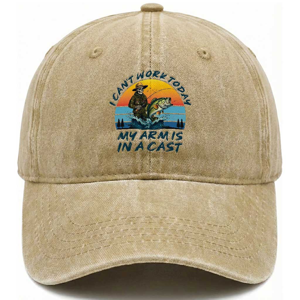 Funny Skeleton Camo Fishing Washed Cotton Baseball Cap I Can Not Work Today My Arm Is In A Cast