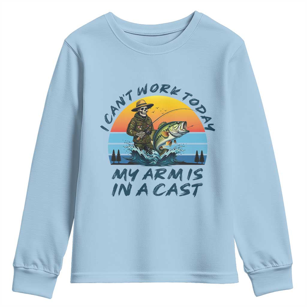 Funny Skeleton Camo Fishing Youth Sweatshirt I Can Not Work Today My Arm Is In A Cast - Wonder Print Shop