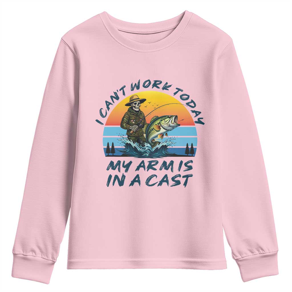 Funny Skeleton Camo Fishing Youth Sweatshirt I Can Not Work Today My Arm Is In A Cast - Wonder Print Shop