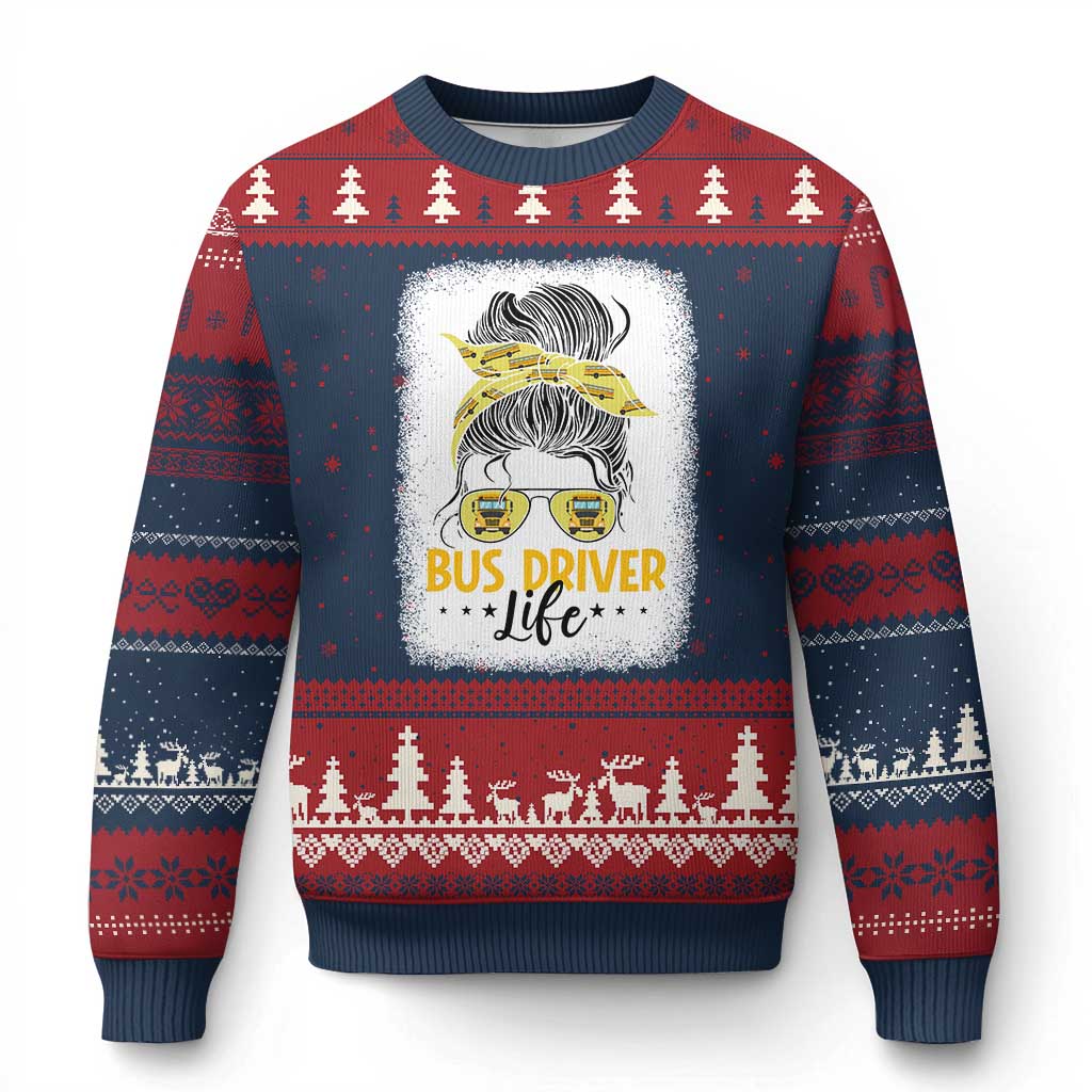 Messy Bun School Bus Driver Life Ugly Christmas Sweater - Wonder Print Shop