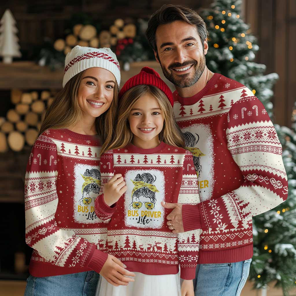 Messy Bun School Bus Driver Life Ugly Christmas Sweater - Wonder Print Shop