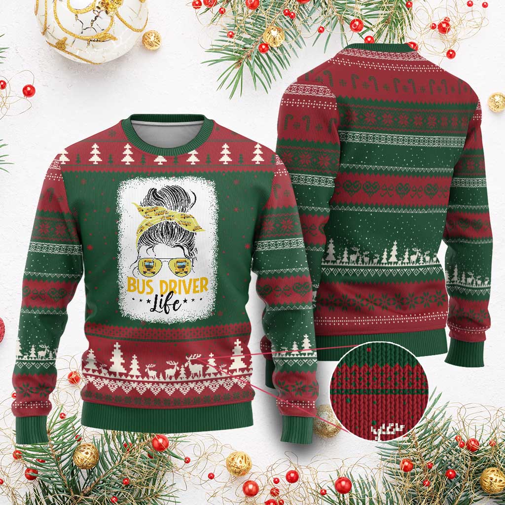 Messy Bun School Bus Driver Life Ugly Christmas Sweater - Wonder Print Shop