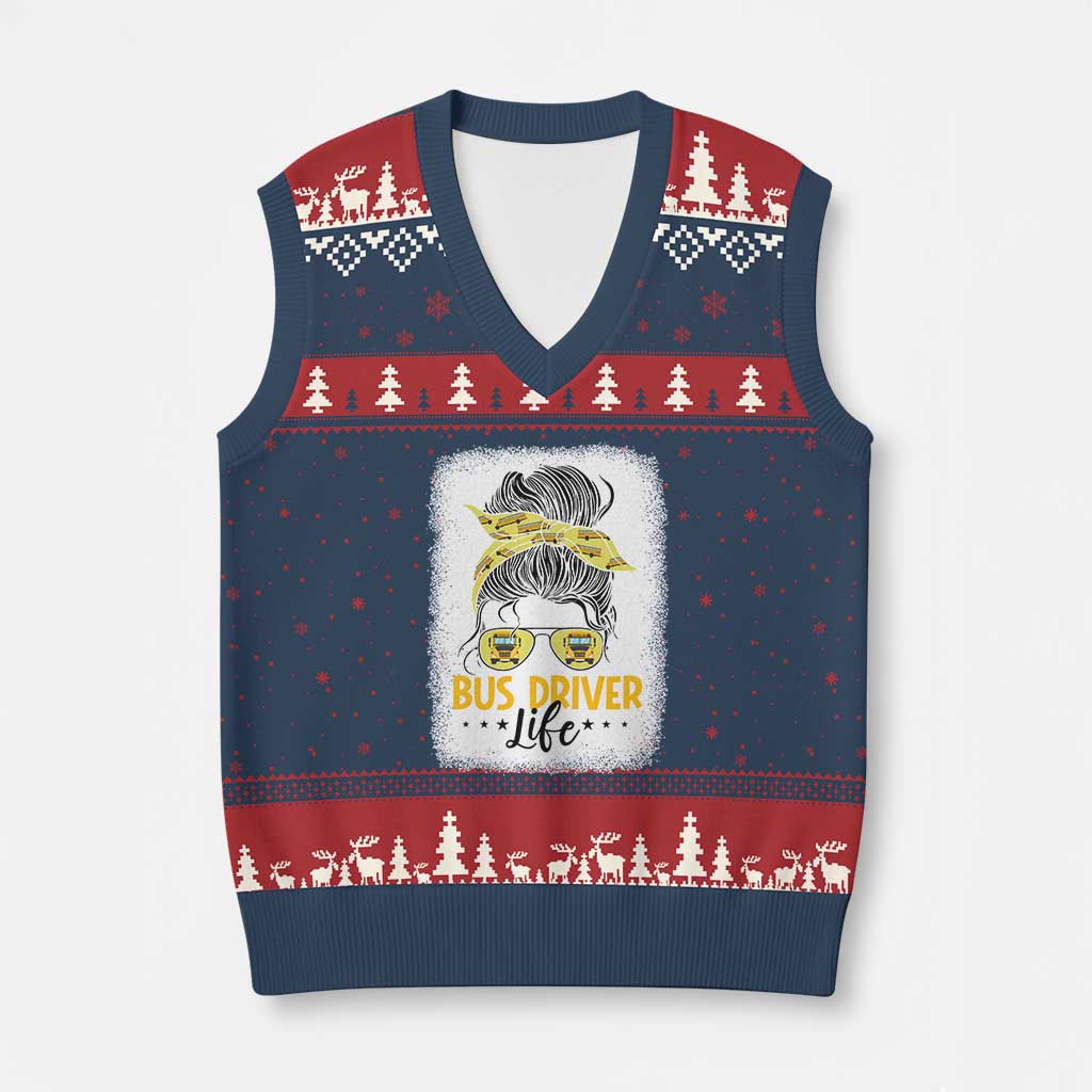 Messy Bun School Bus Driver Life V-Neck Knit Sweater Vest - Wonder Print Shop