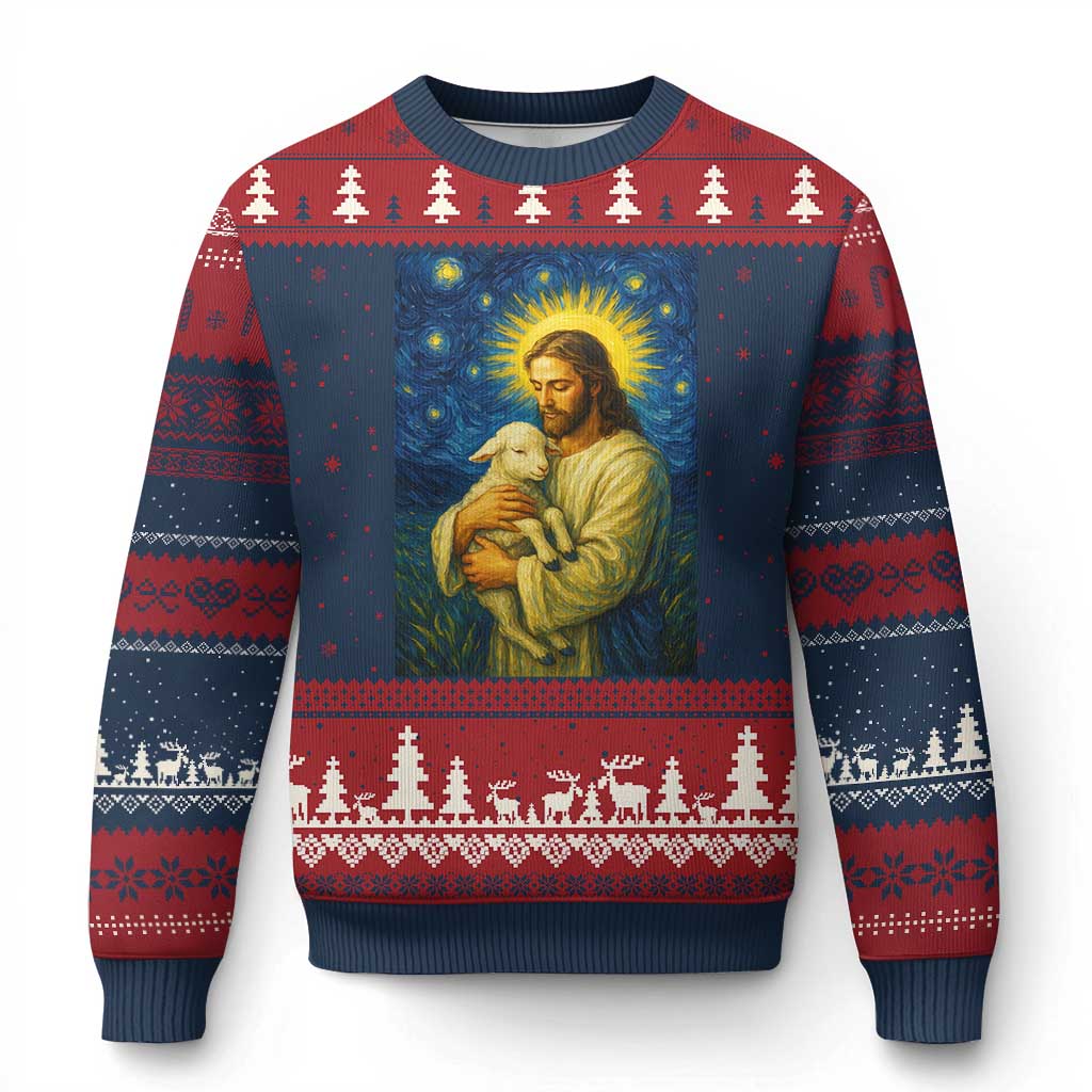 Jesus Christian Ugly Christmas Sweater Hug Lamb Starry Night Van Gogh - Wonder Print Shop
