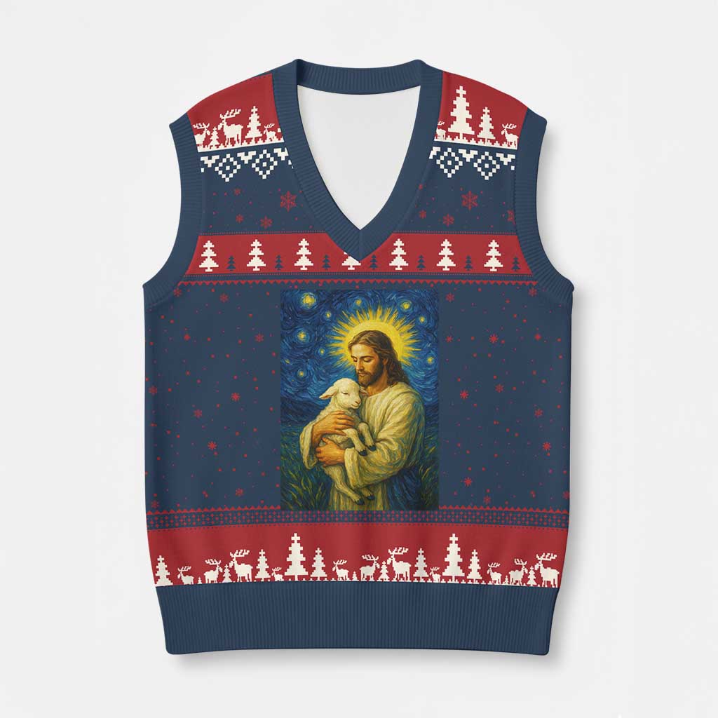 Jesus Christian V-Neck Knit Sweater Vest Hug Lamb Starry Night Van Gogh - Wonder Print Shop