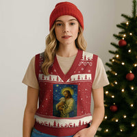 Jesus Christian V-Neck Knit Sweater Vest Hug Lamb Starry Night Van Gogh - Wonder Print Shop