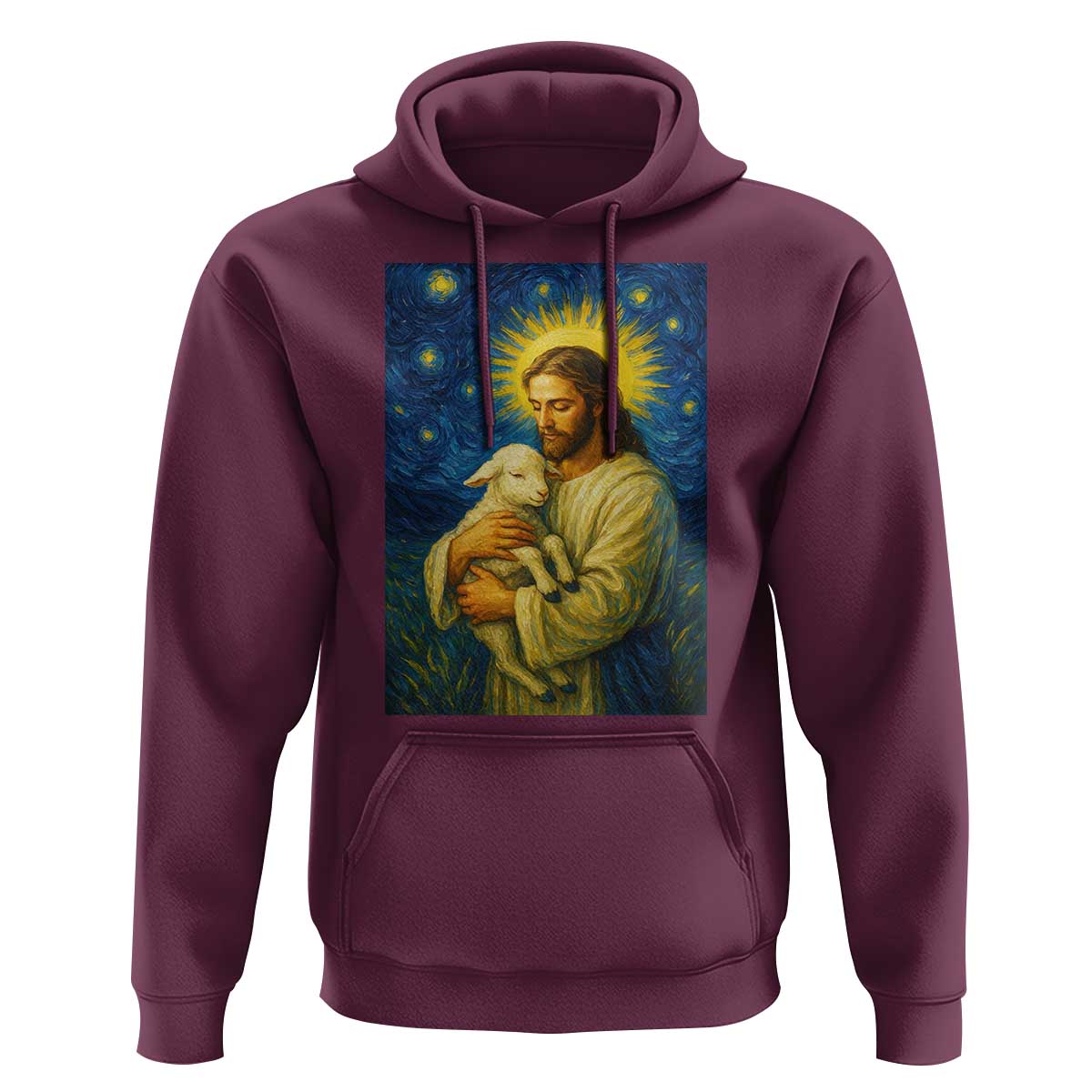 Jesus Christian Hoodie Hug Lamb Starry Night Van Gogh - Wonder Print Shop