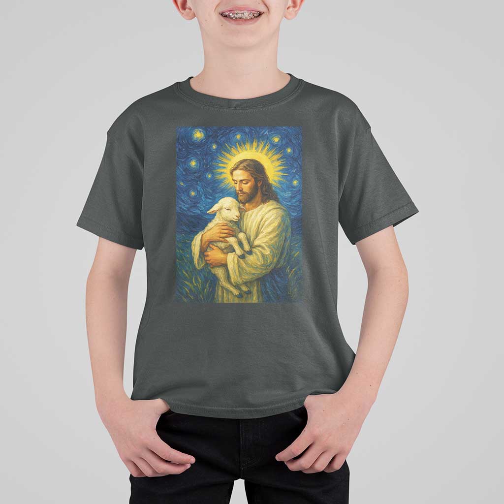 Jesus Christian T Shirt For Kid Hug Lamb Starry Night Van Gogh - Wonder Print Shop