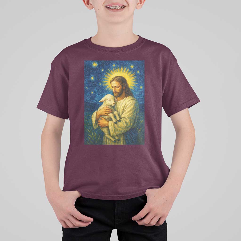 Jesus Christian T Shirt For Kid Hug Lamb Starry Night Van Gogh - Wonder Print Shop