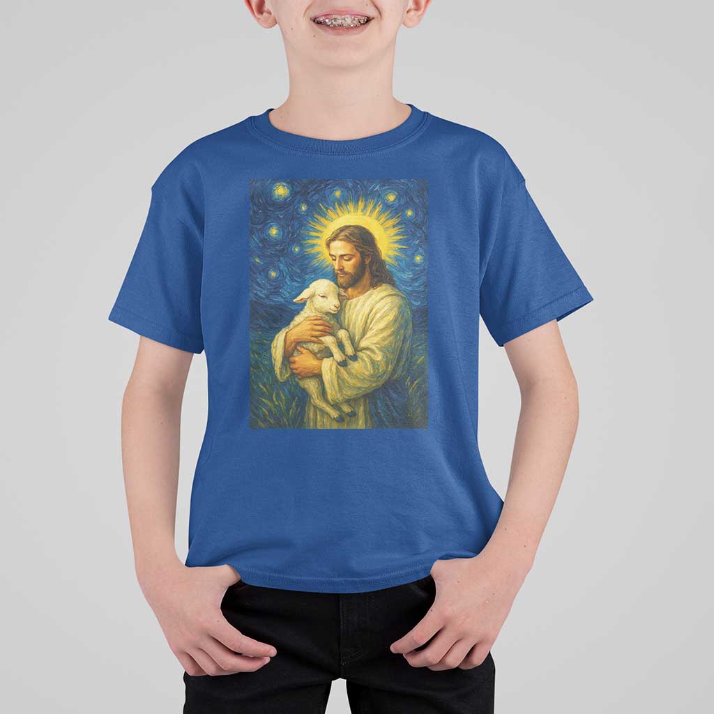 Jesus Christian T Shirt For Kid Hug Lamb Starry Night Van Gogh - Wonder Print Shop