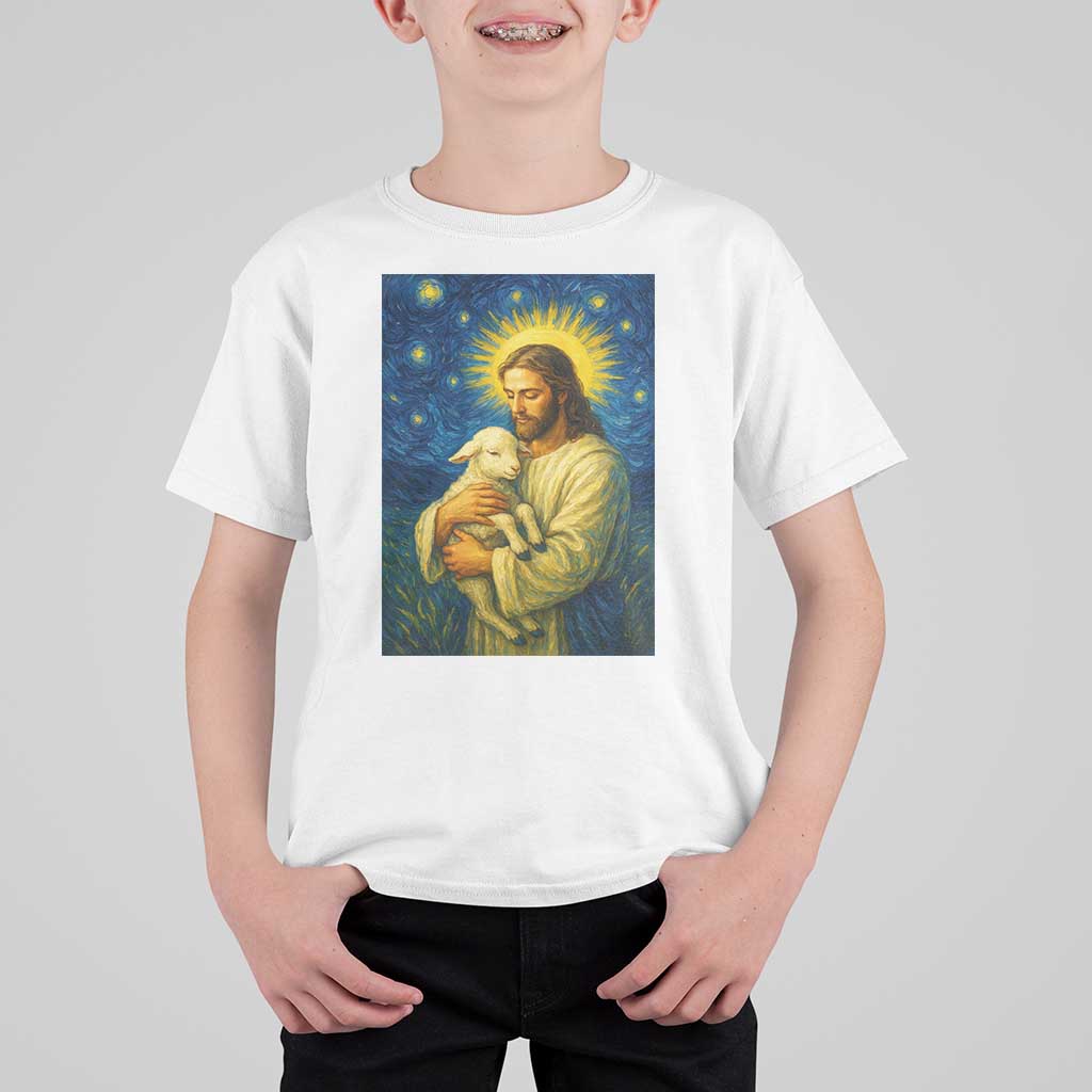 Jesus Christian T Shirt For Kid Hug Lamb Starry Night Van Gogh - Wonder Print Shop
