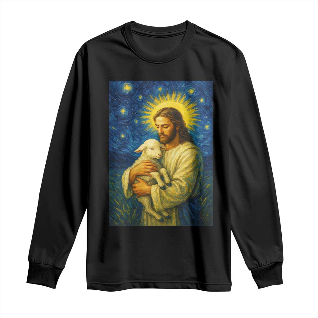Jesus Christian Long Sleeve Shirt Hug Lamb Starry Night Van Gogh - Wonder Print Shop