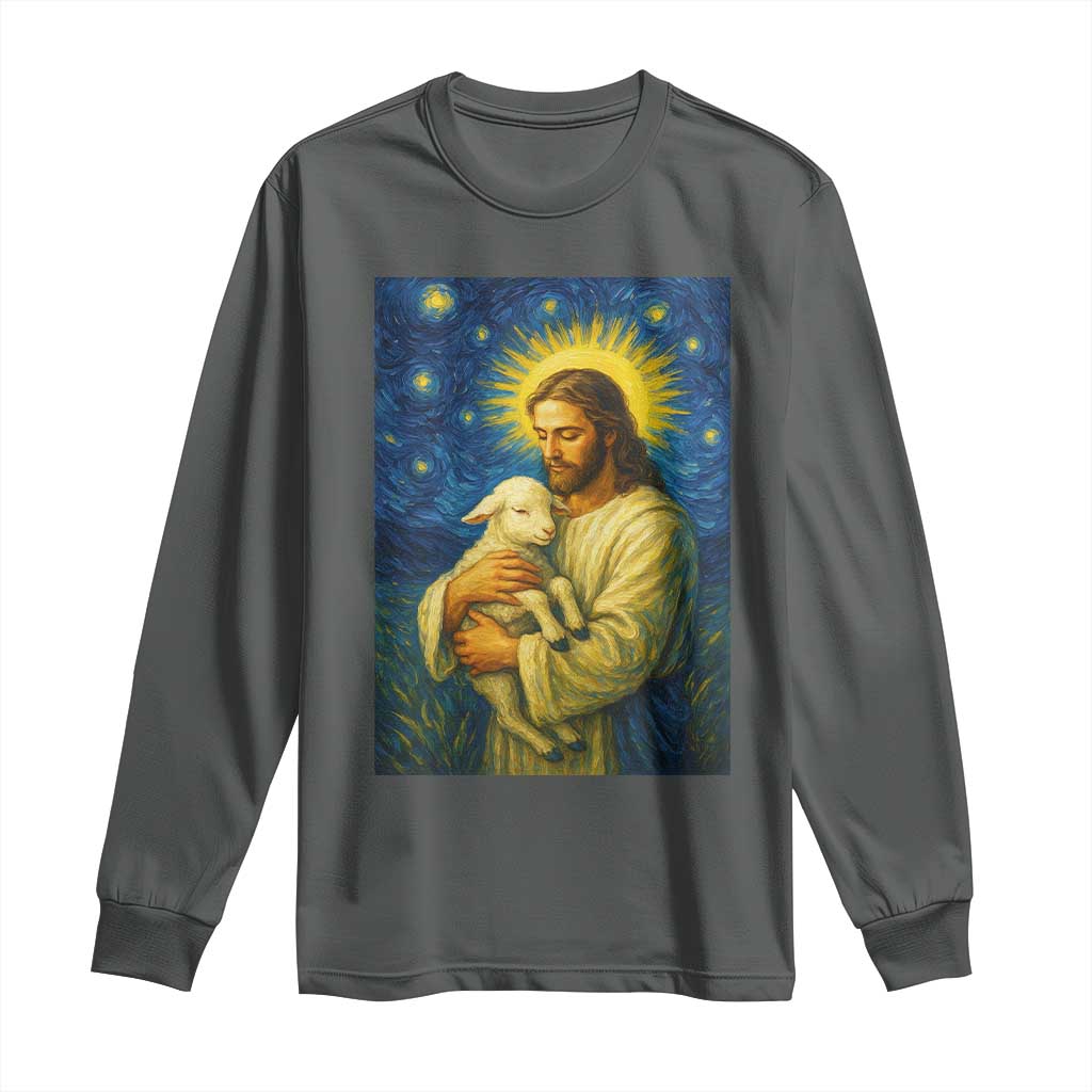 Jesus Christian Long Sleeve Shirt Hug Lamb Starry Night Van Gogh - Wonder Print Shop