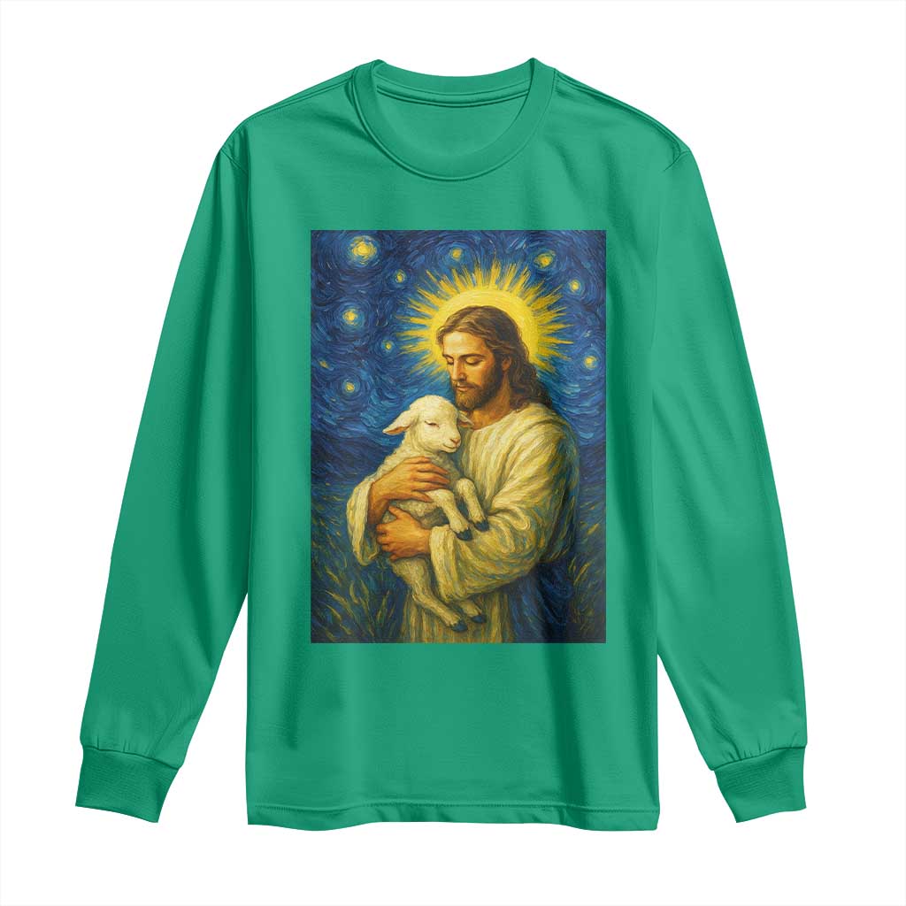Jesus Christian Long Sleeve Shirt Hug Lamb Starry Night Van Gogh - Wonder Print Shop