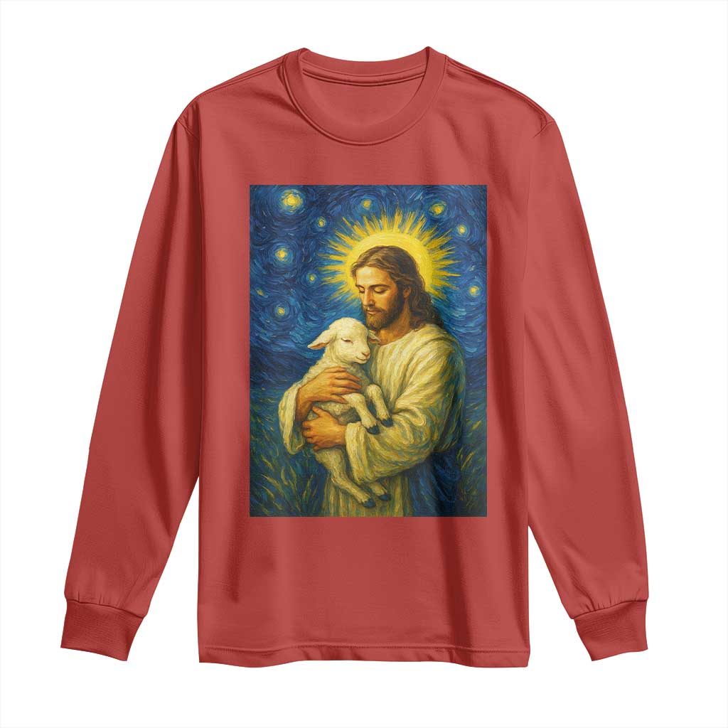 Jesus Christian Long Sleeve Shirt Hug Lamb Starry Night Van Gogh - Wonder Print Shop