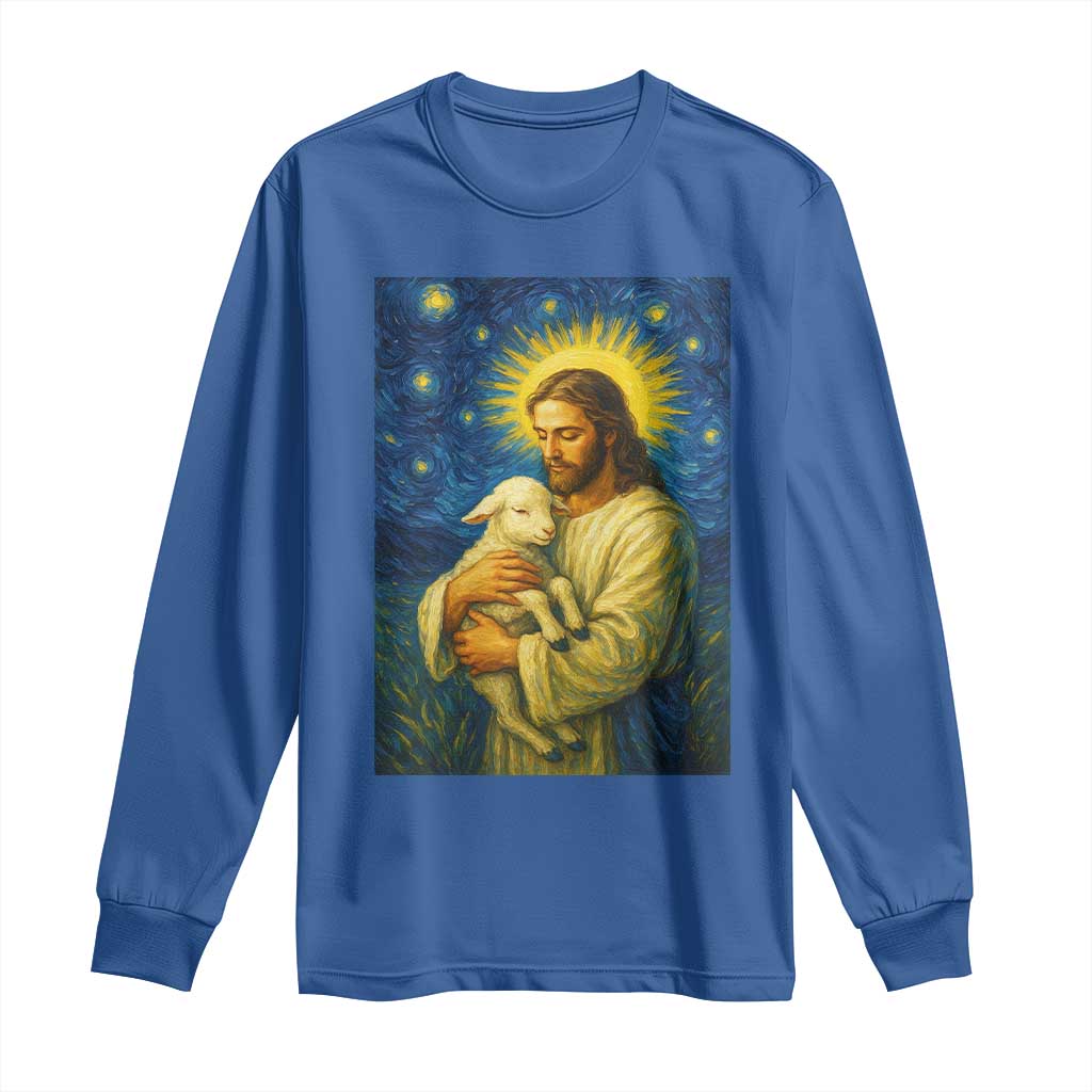 Jesus Christian Long Sleeve Shirt Hug Lamb Starry Night Van Gogh - Wonder Print Shop