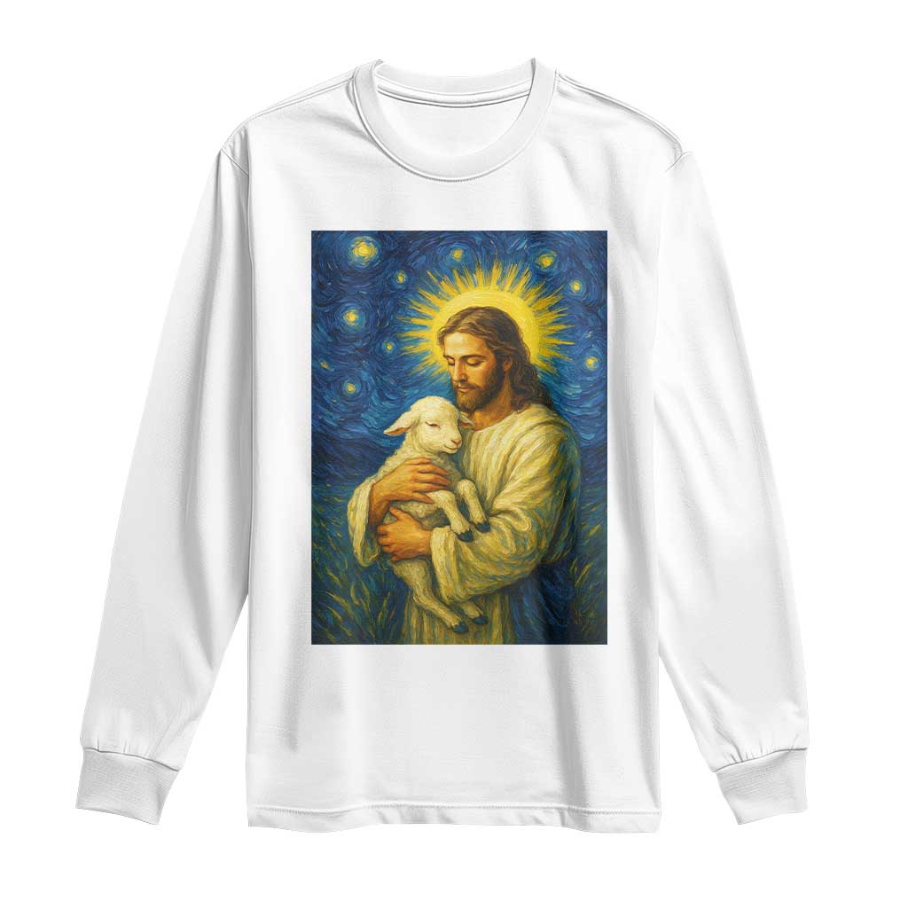 Jesus Christian Long Sleeve Shirt Hug Lamb Starry Night Van Gogh - Wonder Print Shop