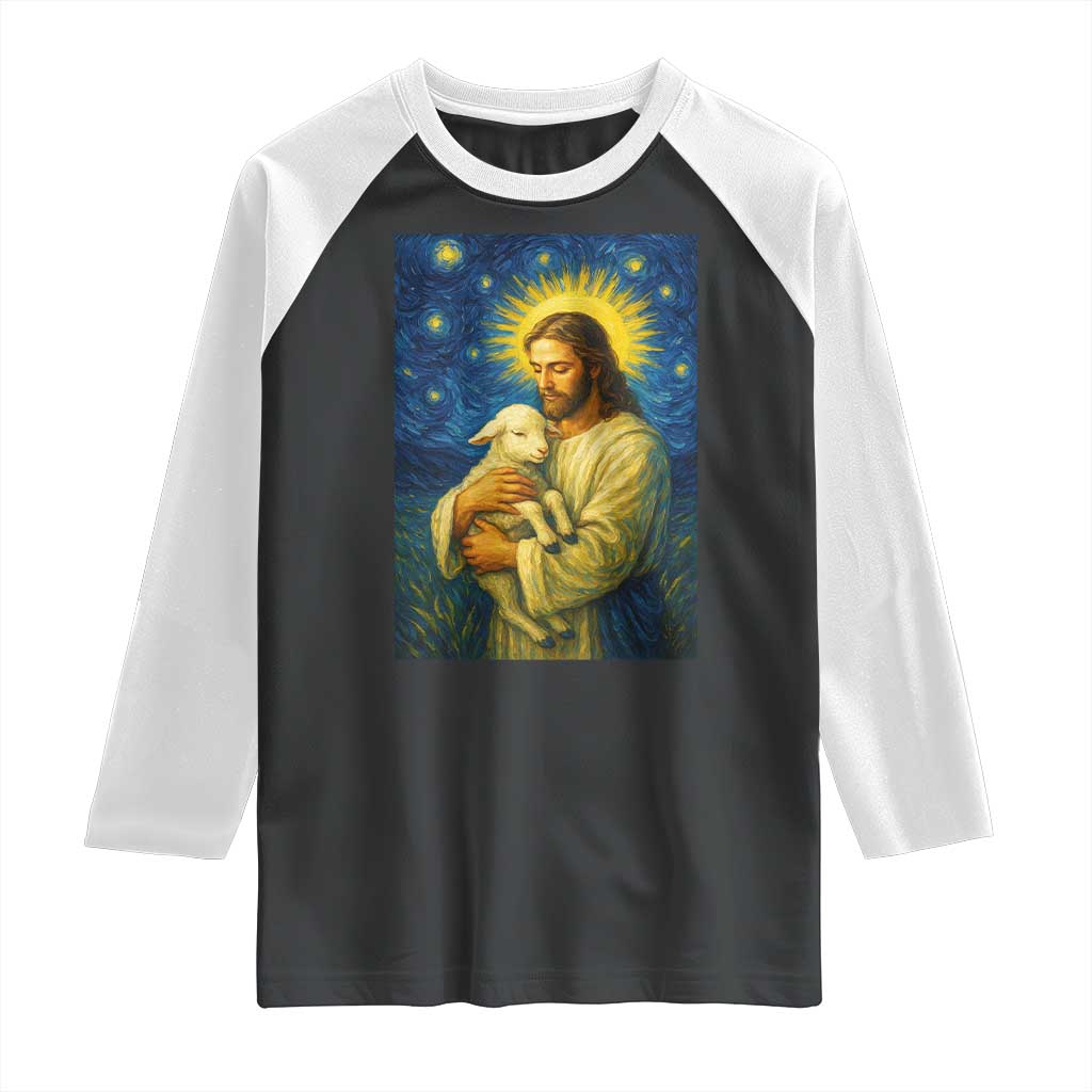 Jesus Christian Raglan Shirt Hug Lamb Starry Night Van Gogh - Wonder Print Shop