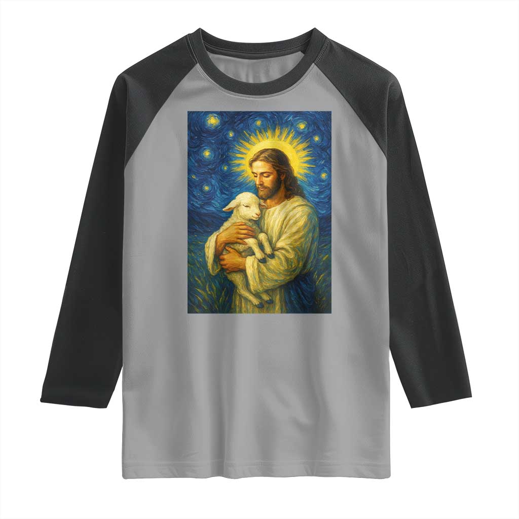 Jesus Christian Raglan Shirt Hug Lamb Starry Night Van Gogh - Wonder Print Shop