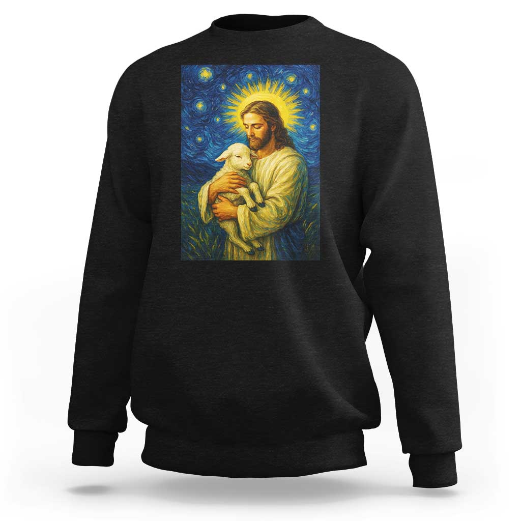 Jesus Christian Sweatshirt Hug Lamb Starry Night Van Gogh - Wonder Print Shop