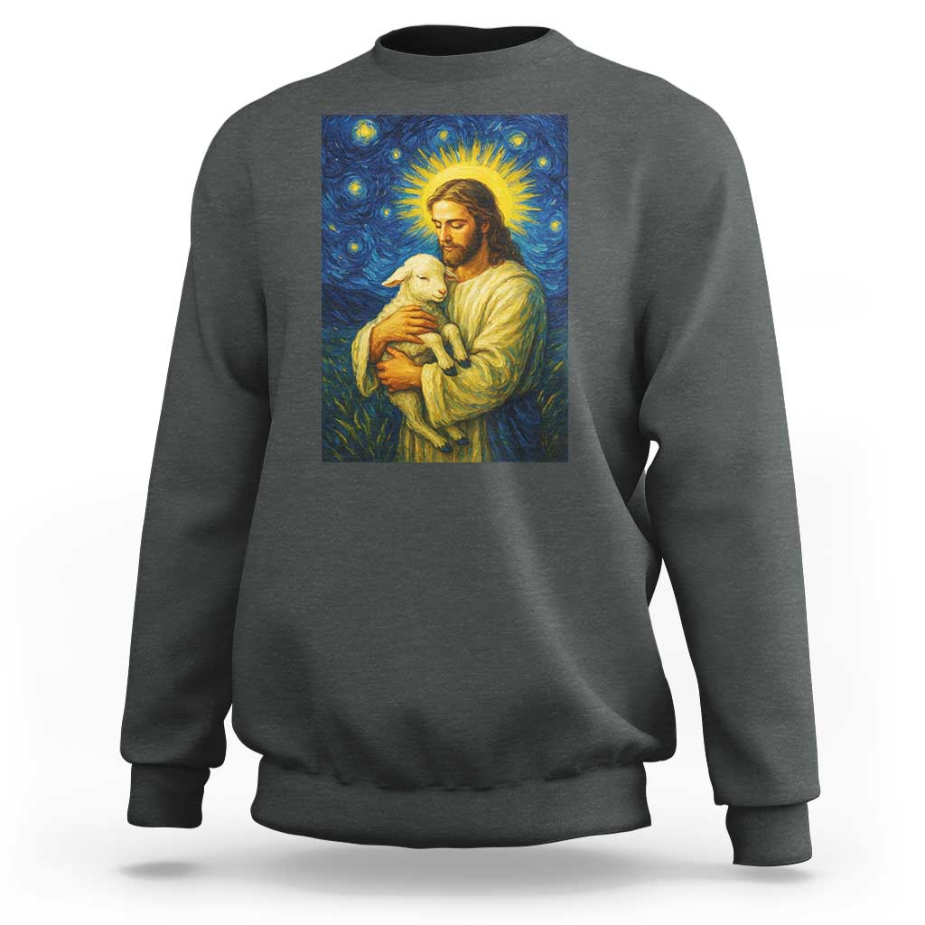 Jesus Christian Sweatshirt Hug Lamb Starry Night Van Gogh - Wonder Print Shop