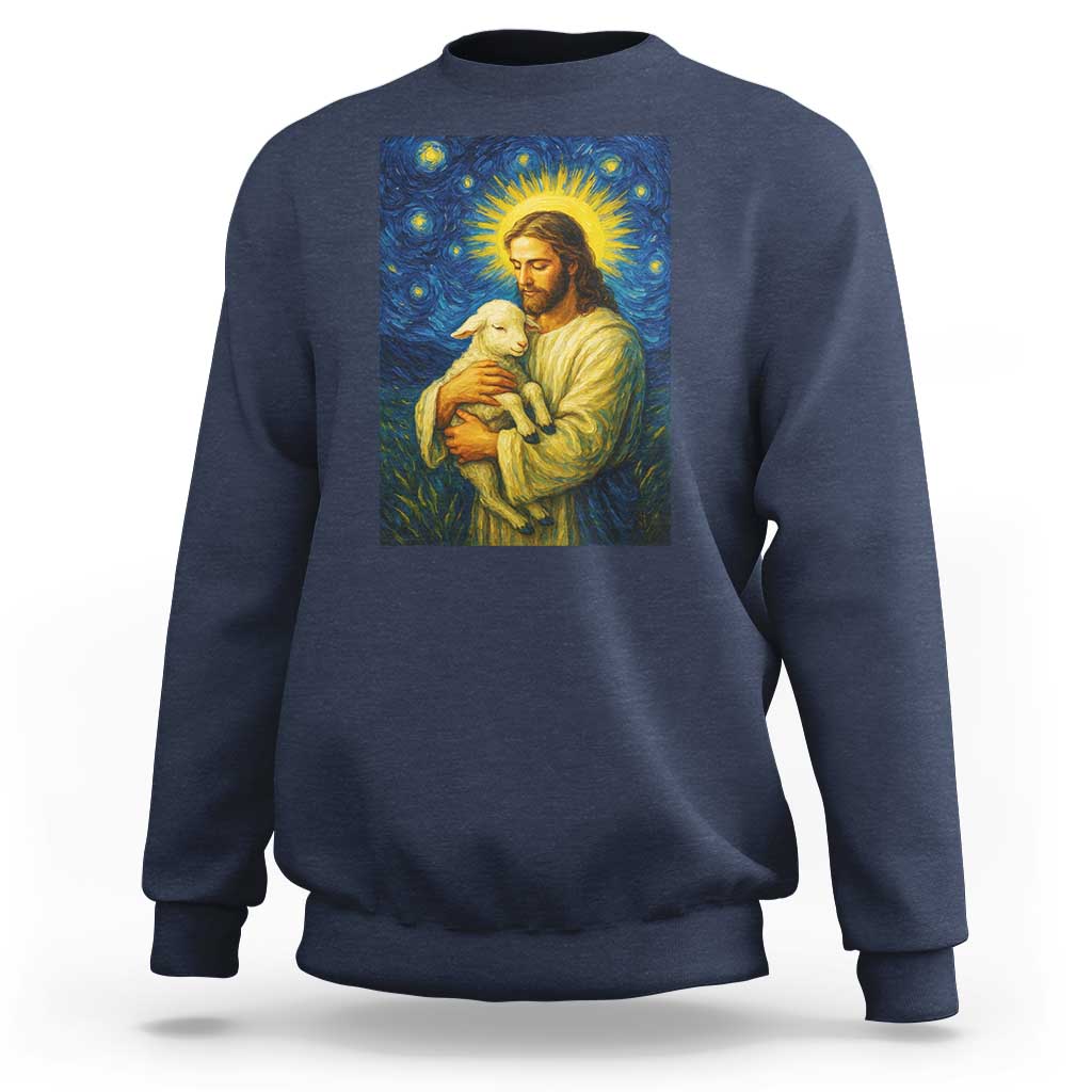 Jesus Christian Sweatshirt Hug Lamb Starry Night Van Gogh - Wonder Print Shop