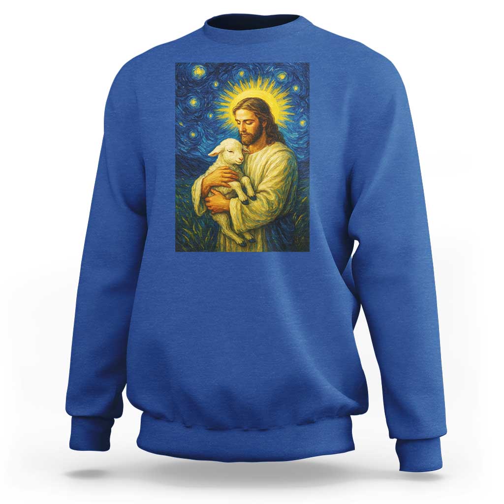 Jesus Christian Sweatshirt Hug Lamb Starry Night Van Gogh - Wonder Print Shop