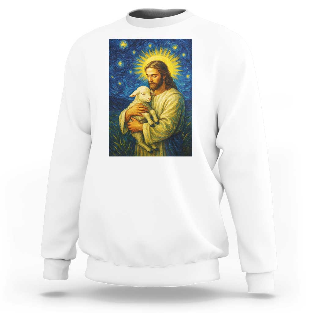 Jesus Christian Sweatshirt Hug Lamb Starry Night Van Gogh - Wonder Print Shop