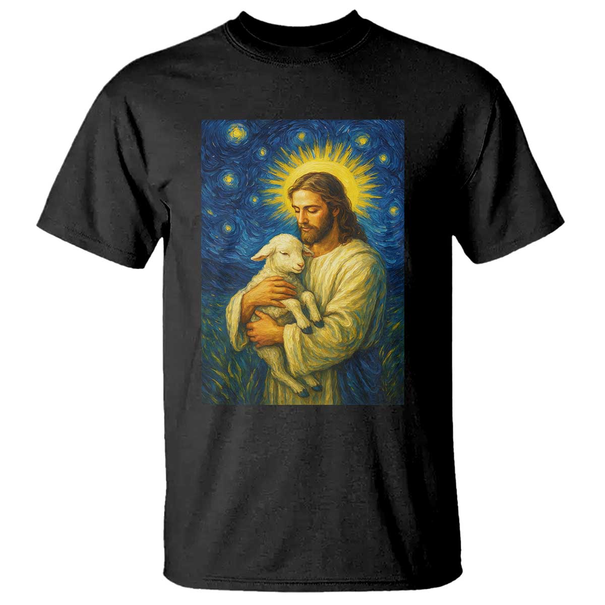 Jesus Christian T Shirt Hug Lamb Starry Night Van Gogh - Wonder Print Shop