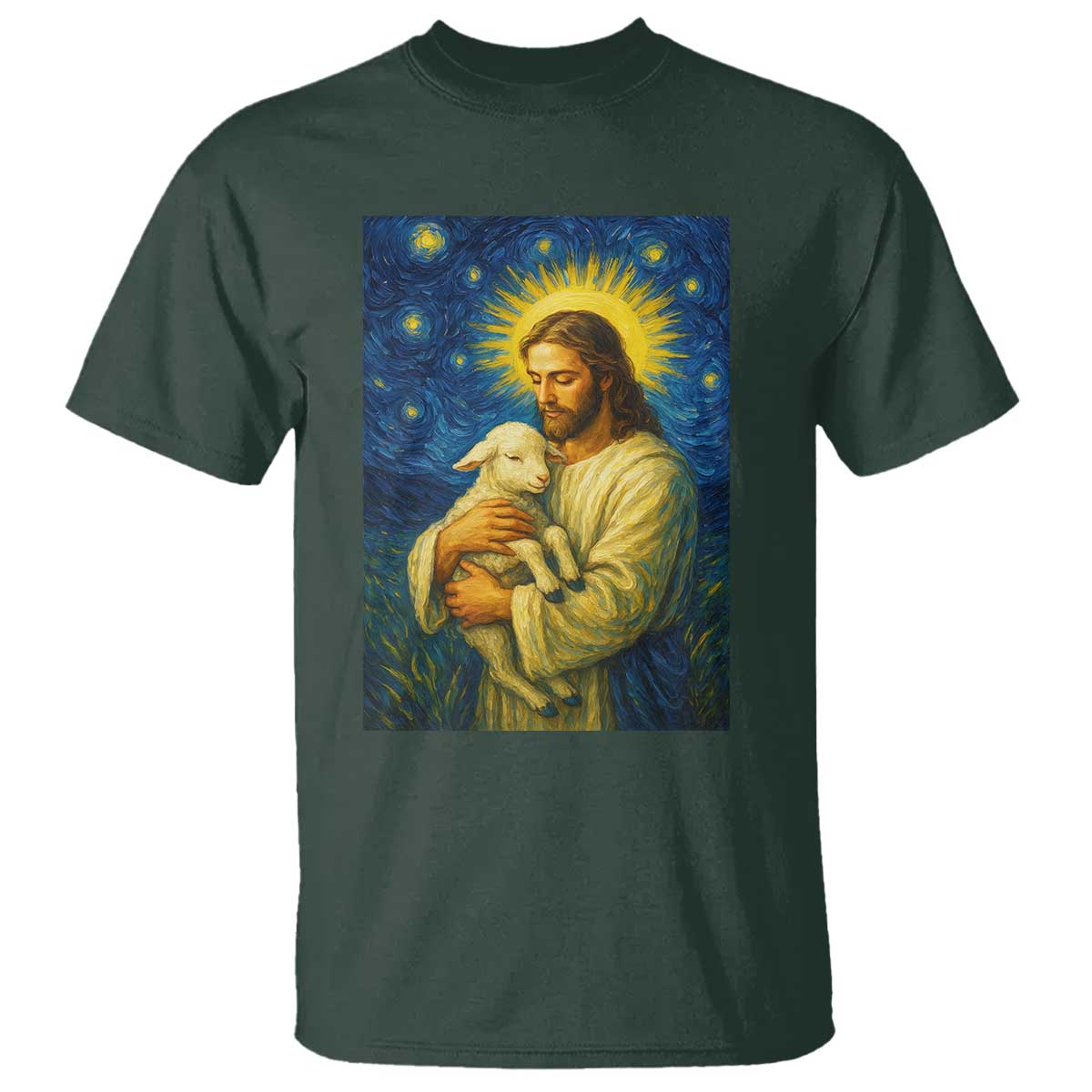 Jesus Christian T Shirt Hug Lamb Starry Night Van Gogh - Wonder Print Shop