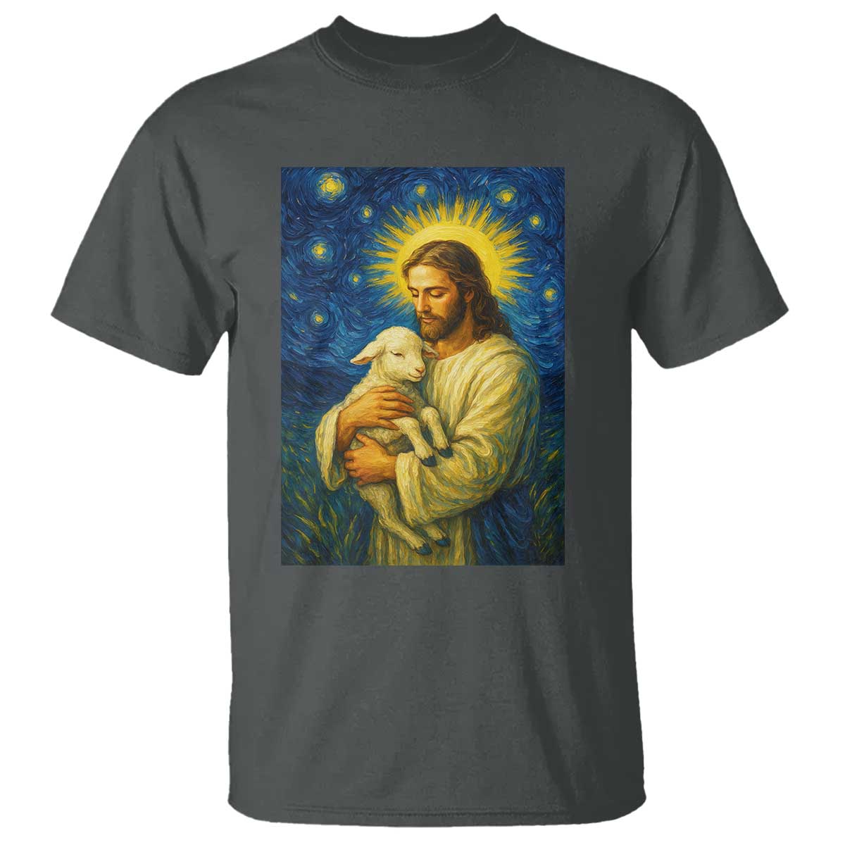 Jesus Christian T Shirt Hug Lamb Starry Night Van Gogh - Wonder Print Shop