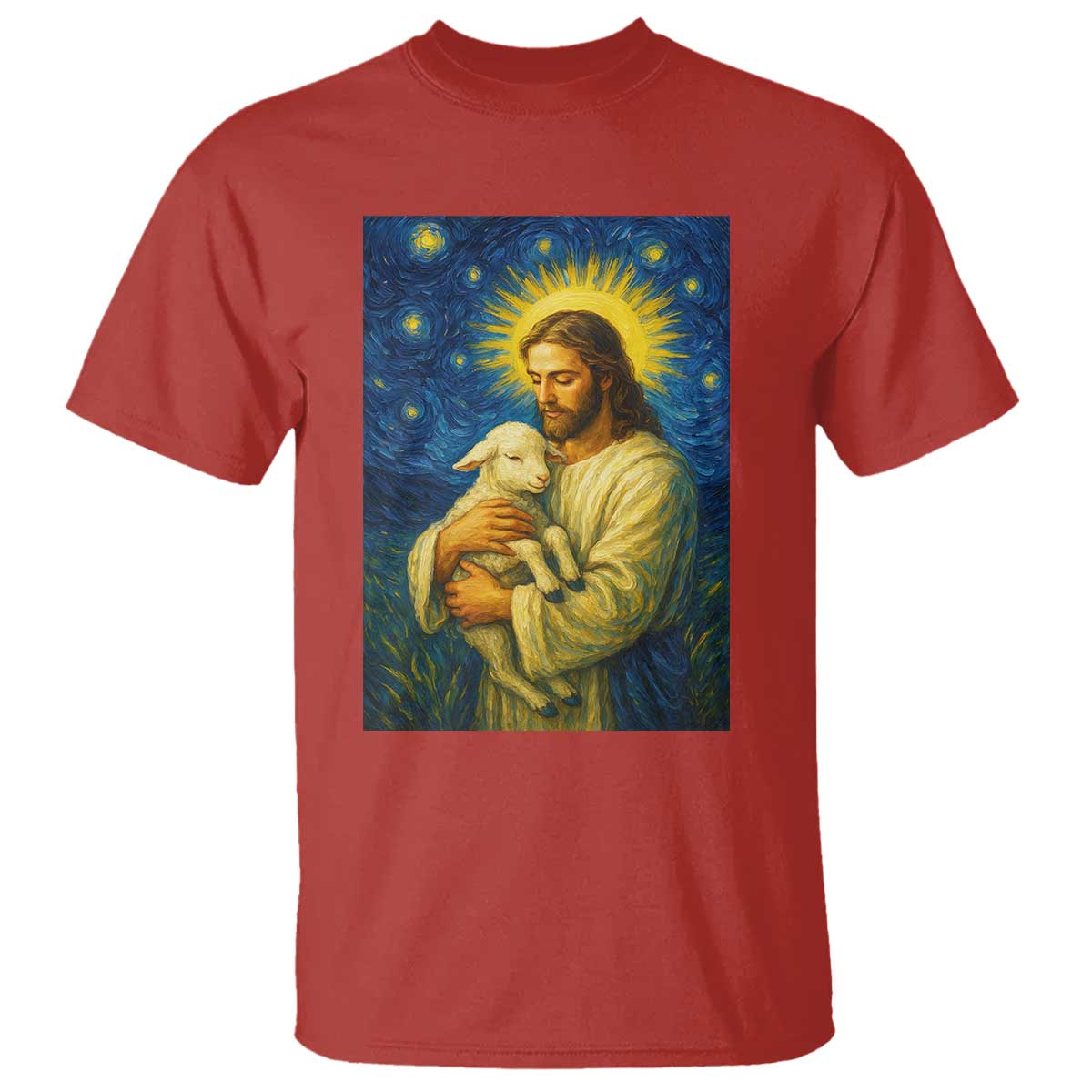 Jesus Christian T Shirt Hug Lamb Starry Night Van Gogh - Wonder Print Shop