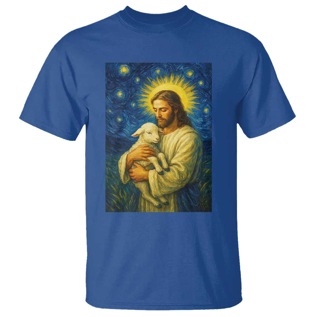 Jesus Christian T Shirt Hug Lamb Starry Night Van Gogh - Wonder Print Shop