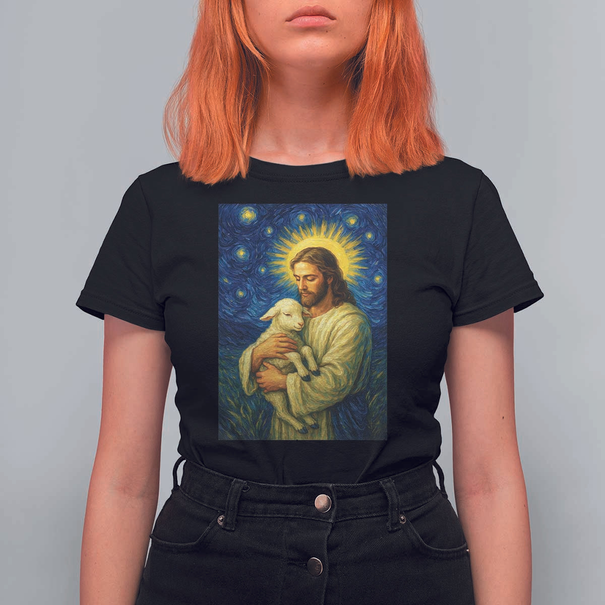 Jesus Christian T Shirt For Women Hug Lamb Starry Night Van Gogh - Wonder Print Shop